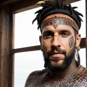 rugged man with a tribal mask tattoo on his chest, symbolizing heritage, standing powerfully with a fierce look tattoo lion, on tatufoto.com 236