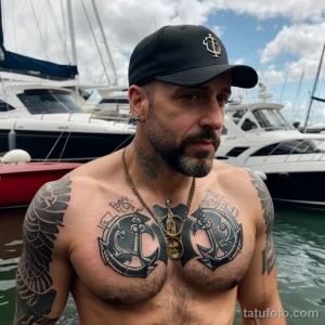 rugged man with an anchor tattoo on his wrist, symbolizing steadiness, standing by a harbor tattoo lion, on neck sexy girl, phot tatufoto.com 243