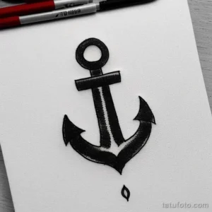 Черно-белый эскиз татуировки в виде морского якоря с небольшим листиком внизу. Простой и стильный рисунок.