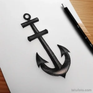Черно-белый эскиз татуировки в виде морского якоря с веревкой и детальной прорисовкой. Традиционный морской символ.