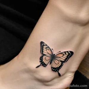 small butterfly tattoo on a woman’s ankle, black ink, close-up tattoo lion, on neck sexy girl, photorealistic, tatufoto.com 265