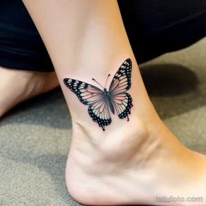 small butterfly tattoo on a woman’s ankle, black ink, close-up, tatufoto.com 292