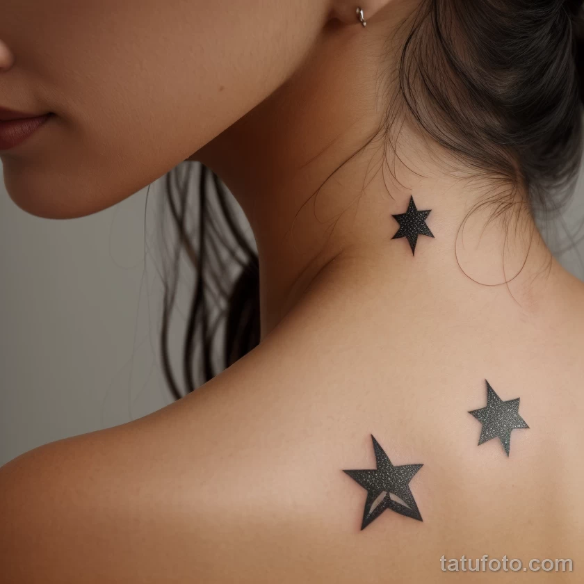 small star tattoo on a woman’s neck, black ink, close-up, tatufoto.com 318