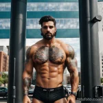 strong man with a roaring tiger tattoo on his shoulder, symbolizing ferocity, standing in an urban setting tattoo lion, on neck tatufoto.com 241