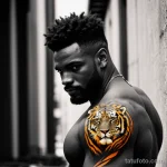 strong man with a roaring tiger tattoo on his shoulder, symbolizing ferocity, standing in an urban setting tattoo lion, on neck tatufoto.com 242