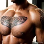 strong man with a sunburst tattoo on his chest, symbolizing energy, lifting heavy weights tattoo lion, on neck sexy girl, photor tatufoto.com 192