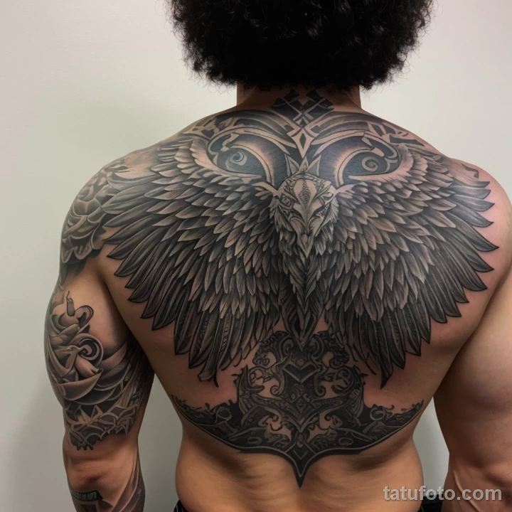 strong man with a sword and wings tattoo on his back, symbolizing honor, flexing his back muscles intensely tattoo lion, on neck tatufoto.com 040