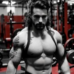 strong man with a tribal wolf tattoo on his arm, symbolizing loyalty, lifting weights in a gym tattoo lion, on neck sexy girl, p tatufoto.com 116