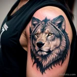 strong man with a tribal wolf tattoo on his arm, symbolizing loyalty, lifting weights in a gym tattoo lion, on neck sexy girl, p tatufoto.com 160