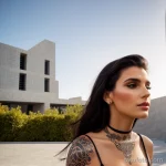 stylish woman with a geometric tattoo on her forearm, posing against a modern architectural background tattoo lion, on neck sexy tatufoto.com 231