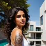 stylish woman with a geometric tattoo on her forearm, posing against a modern architectural background tattoo lion, on neck sexy tatufoto.com 232