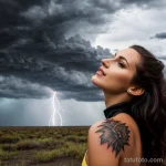 stylish woman with a lightning bolt tattoo on her wrist, symbolizing energy, posing against a stormy sky background tattoo lion, tatufoto.com 093