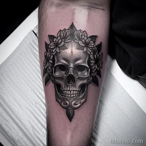 tattoo of a skull wreath on a man s bicep tatufoto.com 243