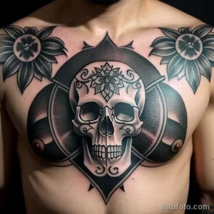 tattoo of a skull wreath on a man s chest tatufoto.com 244