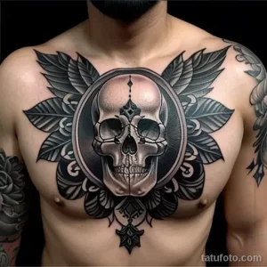 tattoo of a skull wreath on a man s chest tatufoto.com 245