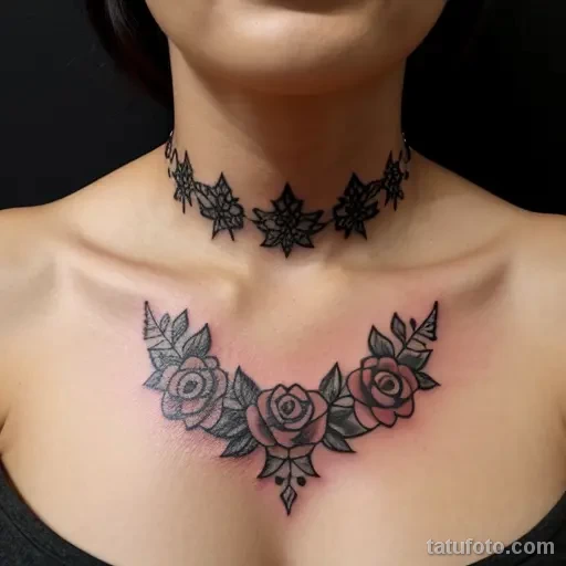 tattoo of a wreath with roses on a woman s collarbone tatufoto.com 276