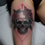 tattoo of a wreath with skulls and roses on a woman s thigh tatufoto.com 279