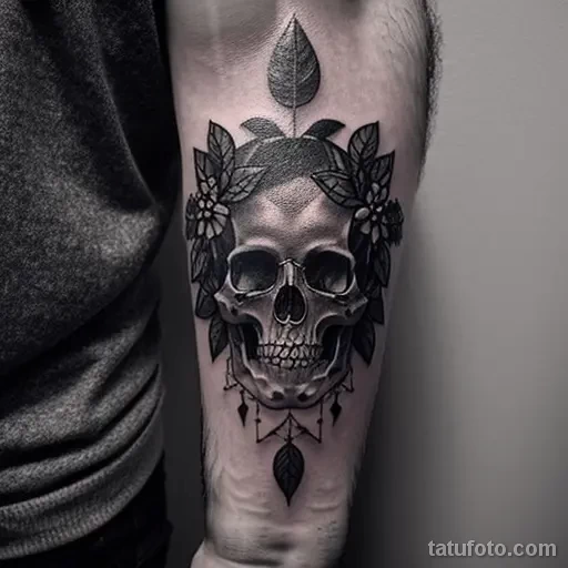 tattoo of a wreath with skulls on a man s forearm tatufoto.com 283