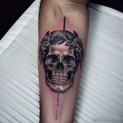 tattoo of a wreath with skulls on a man s forearm tatufoto.com 284