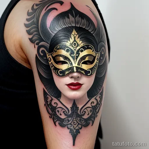 venetian mask tattoo in baroque style with black and gold ink S2430381933 St40 G12 tatufoto.com 124