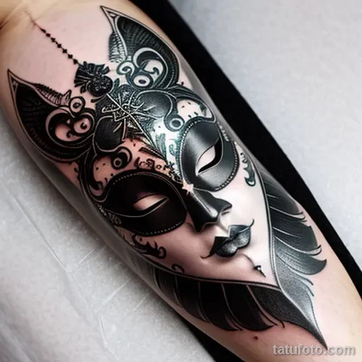 venetian mask tattoo in black ink with silver accents tatufoto.com 139