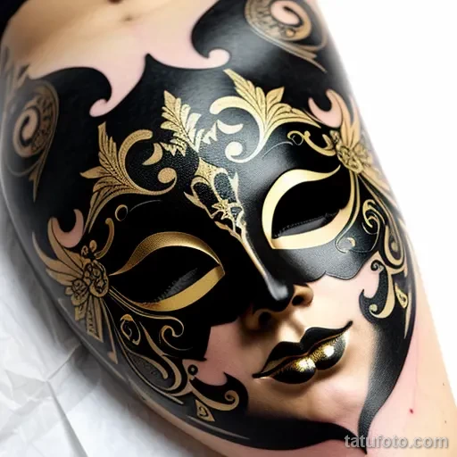venetian mask tattoo in bold black ink with gold highlights and intric S2430381935 St40 G12 tatufoto.com 150