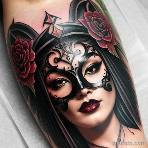 venetian mask tattoo in gothic style with deep reds and blacks S2430381935 St40 G12 tatufoto.com 199