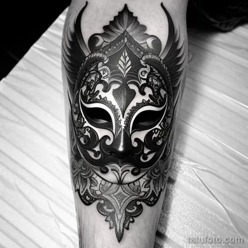 venetian mask tattoo in grayscale with detailed shading and ornate pat S2430381934 St40 G12 tatufoto.com 209