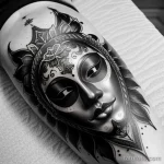 venetian mask tattoo in grayscale with detailed shading and ornate pat S2430381935 St40 G12 tatufoto.com 210