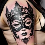 venetian mask tattoo in monochrome with detailed shading and lace acce S2430381932 St40 G12 tatufoto.com 211