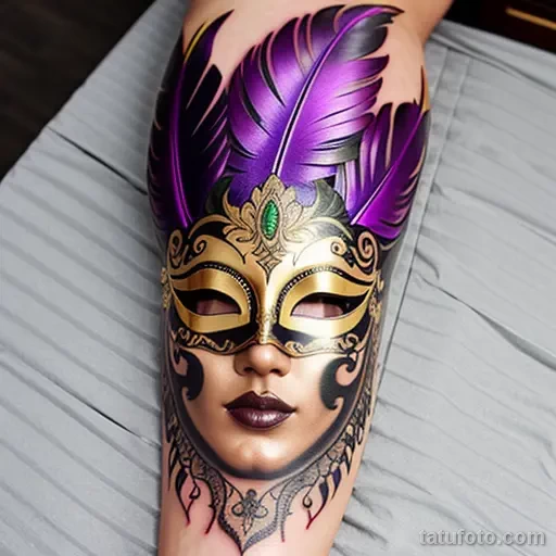 venetian mask tattoo with gold and purple feathers tatufoto.com 245