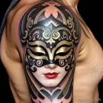 venetian mask tattoo with gold and silver details tatufoto.com 247