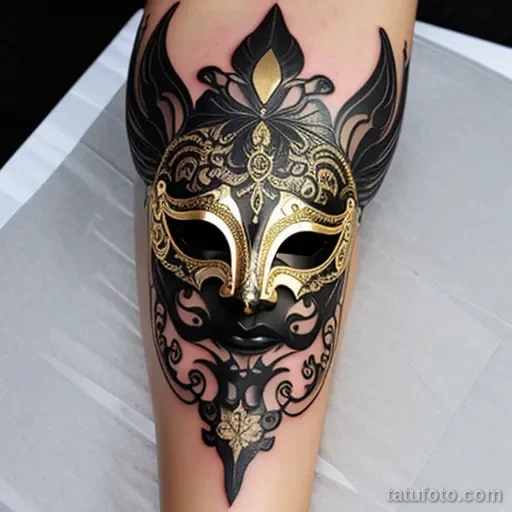 venetian mask tattoo with gold and silver details tatufoto.com 249