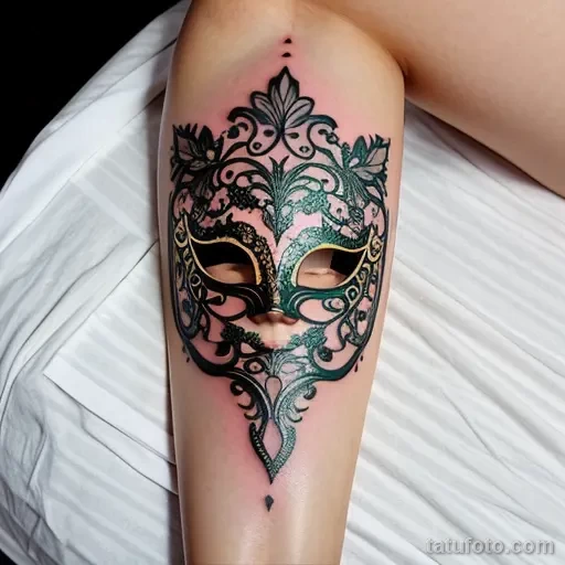 venetian mask tattoo with intricate floral details in pastel tones S2430381934 St40 G12 tatufoto.com 254