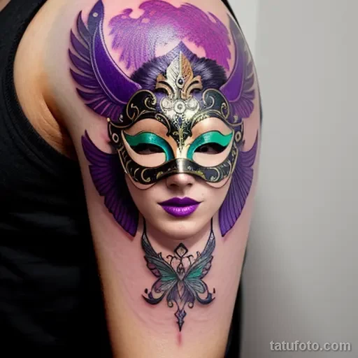 venetian mask tattoo with vibrant purple and teal highlights tatufoto.com 262
