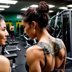 woman in a gym showing her dragon tattoo to other gym goers tatufoto.com 083