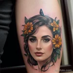 woman with a butterfly and flower tattoo on her forearm, symbolizing transformation, holding a bouquet tattoo lion, on neck sexy tatufoto.com 254