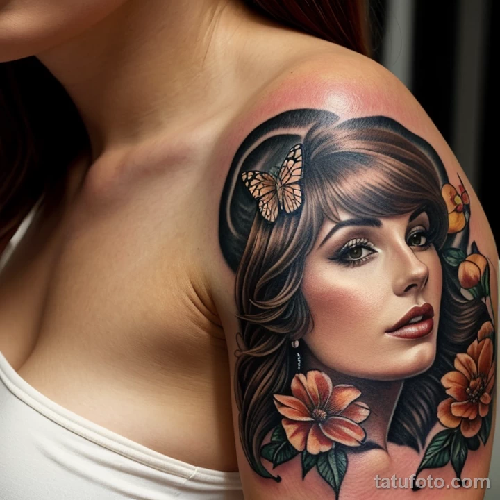 woman with a butterfly and flower tattoo on her forearm, symbolizing transformation, holding a bouquet tattoo lion, on neck sexy tatufoto.com 255