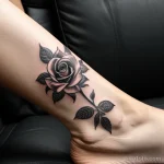 Фото тату: изящная татуировка розы в технике blackwork на лодыжке. Черно-белый рисунок с использованием различных оттенков серого.