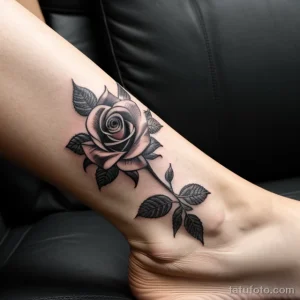 Фото тату: изящная татуировка розы в технике blackwork на лодыжке. Черно-белый рисунок с использованием различных оттенков серого.