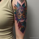 woman with a colorful tattoo sleeve, showing light signs of wear tatufoto.com 166