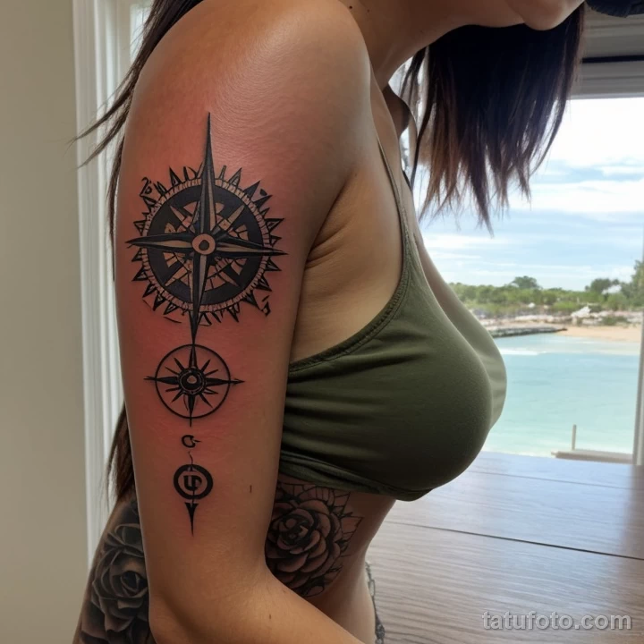 woman with a compass tattoo on her forearm, symbolizing direction, looking thoughtfully at a world map tattoo lion, on neck sexy tatufoto.com 228