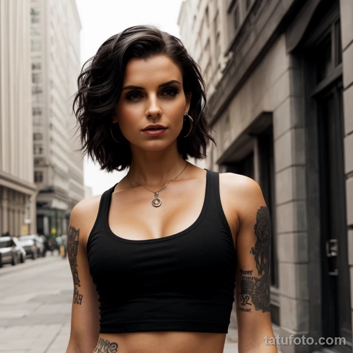 woman with a dragon tattoo on her arm, symbolizing power, standing with a fierce look in a dramatic urban setting tattoo lion, o tatufoto.com 168