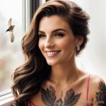 woman with a feather and birds tattoo on her arm, symbolizing freedom, smiling softly as she looks out a window tattoo lion, on tatufoto.com 057