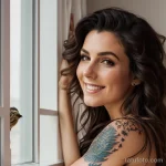 woman with a feather and birds tattoo on her arm, symbolizing freedom, smiling softly as she looks out a window tattoo lion, on tatufoto.com 142