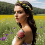 woman with a floral bouquet tattoo on her shoulder, symbolizing beauty, standing in a field of wildflowers tattoo lion, on neck tatufoto.com 164
