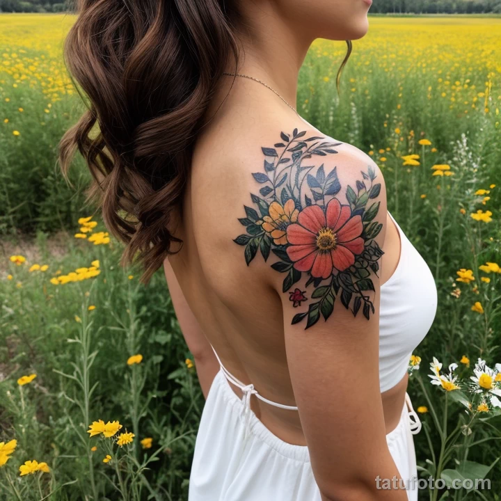 woman with a floral bouquet tattoo on her shoulder, symbolizing beauty, standing in a field of wildflowers tattoo lion, on neck tatufoto.com 166