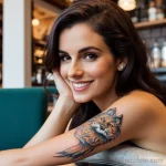 woman with a fox tattoo on her arm, symbolizing intelligence and cunning, smiling playfully in a cozy coffee shop tattoo lion, o tatufoto.com 197