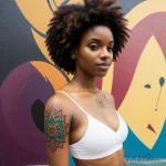 woman with a geometric circle tattoo on her hand, symbolizing unity, standing in front of a colorful mural tattoo lion, on neck tatufoto.com 131