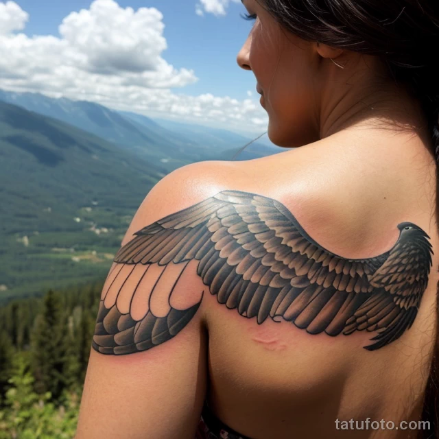 woman with a hawk tattoo on her shoulder blade, representing freedom, looking out over a scenic mountain view tattoo lion, on ne tatufoto.com 031